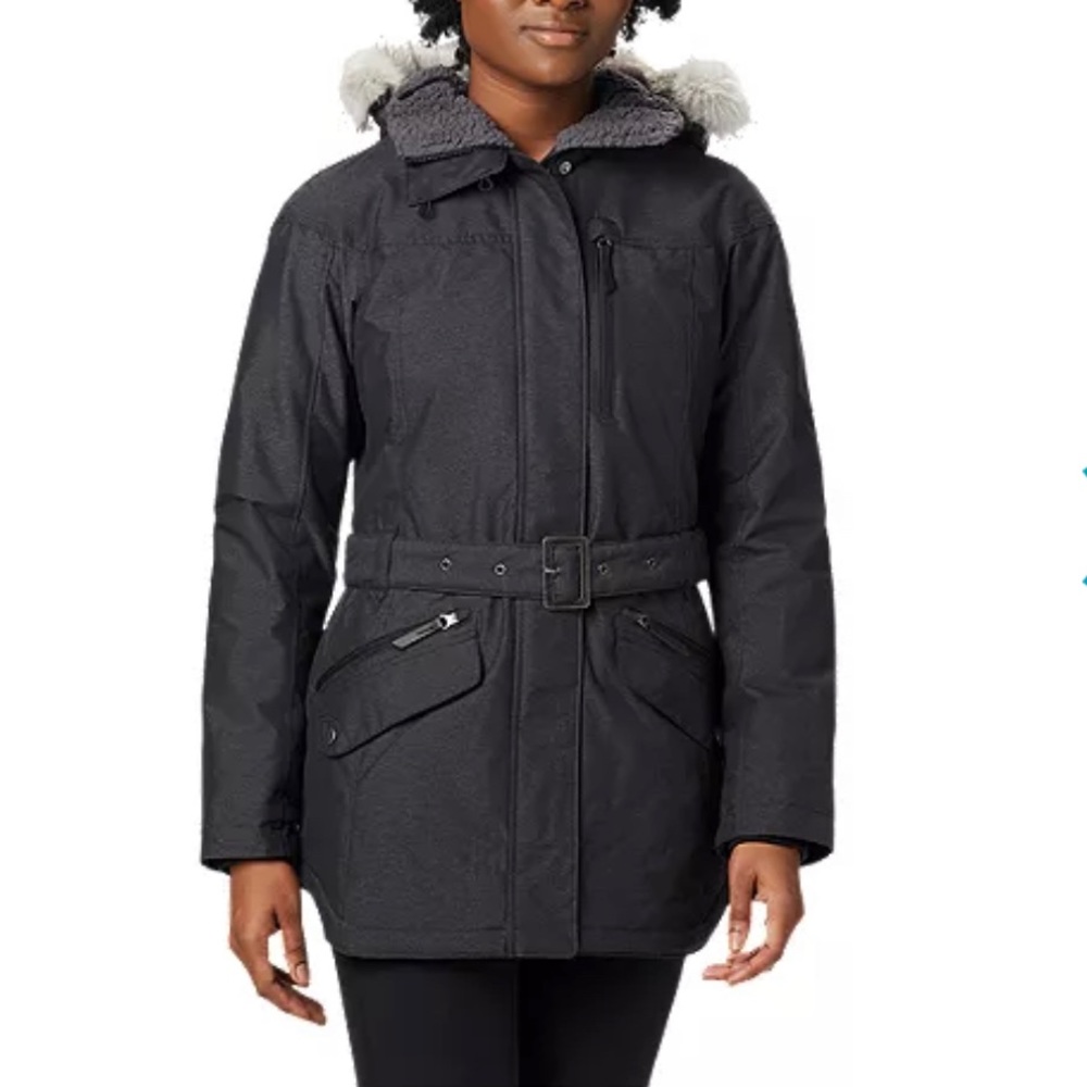 Columbia Black Women's Parka with Faux-Fur Hood and Belt